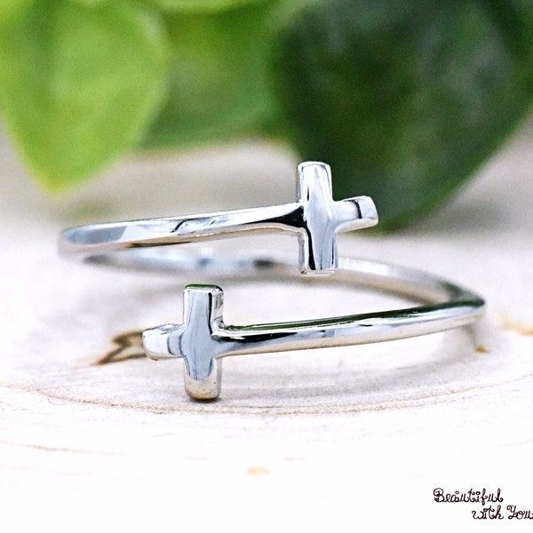 Cross Ends Open Thumb Ring, Adjustable Wraparound Cross Ring, Womens Christians Ring, Girls Children 925 Sterling Silver Cross Open Ring