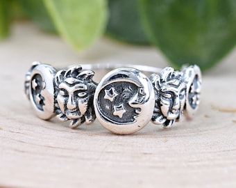 Anillo con delicado diseño de sol, luna creciente, estrellas y cielo celestial, plata de ley 925 maciza oxidada de estilo vintage, anillo llamativo para mujer.