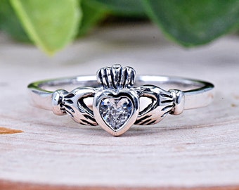 Dainty Kids Baby Girls Celtic Claddagh Ring, Clear Heart CZ Bezel Set Tiny Claddagh Ring, April Birthstone Clear CZ Ring, Birthday Gift