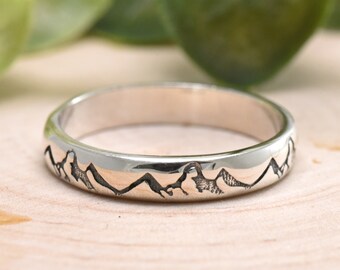 Mountain Engraved Unique 3mm Solid 925 Sterling Silver Band Wedding Ring Hikers High and Low Mountain Range Trendy Rings Womens Gift