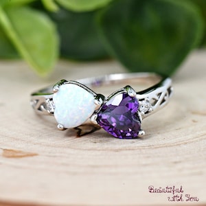 Fire Opal Heart Amethyst Heart Silver Ring, Sterling Silver Lab Opal Simulated February Birthstone Amethyst CZ Heart Filigree Ring, Gift