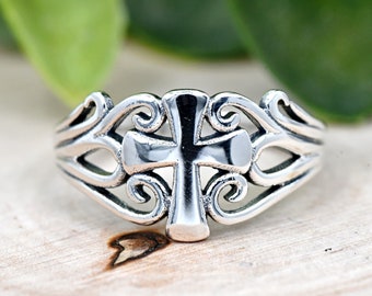 Anillo lateral con diseño de cruz de filigrana y espiral, anillo de cruz cristiana, anillo de cruz para mujer de plata de ley 925 maciza, anillo de cruz único y delicado.