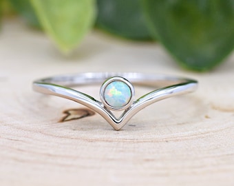 3mm Round White Opal Bezel Set V Shape Sterling Silver  Ring, Thin Opal Chevron Ring, Minimalist Cute Wishbone Opal Silver Thumb Ring