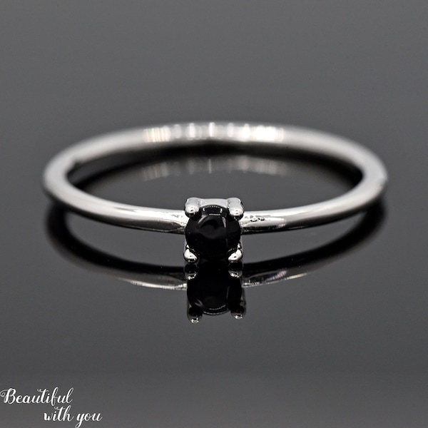 Solid 925 Sterling Silver 3mm Tiny Round Simulated Black Onyx Cubic Zirconia Solitaire Kids Girls Womens Simple Minimalist Ring