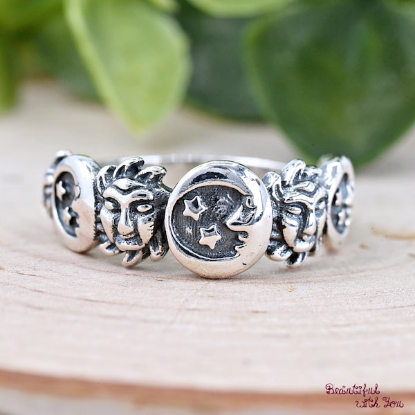 Delicate Sun Crescent Moon Faces Stars Celestial Sky Ring, Solid 925 Sterling Silver Oxidized Vintage Style Ring, Women's Statement Ring