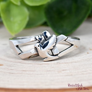 Sideways Cross with Dove Ring, Christians Symbol Dove Cross Ring, Solid 925 Sterling Silver Christians Dove Cross Ring Band Womens Girls