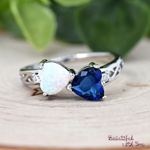 Double Heart White Opal and Blue CZ Sterling Silver Filigree Pattern Sides Ring, Opal and September Birthstone Heart Ring, Gift for Her