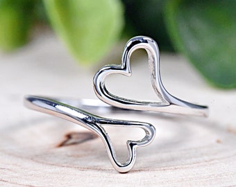 Anillo ajustable midi con extremo de corazón abierto, anillo de corazón para el pulgar, anillo abierto multidedo en plata de ley 925 maciza, anillo envolvente de corazón