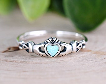 Sterling Silver Minimalist Tiny Heart Opal Bezel Set Claddagh Hands Ring, Traditional Irish Celtic Claddagh Ring for Girls Womens, Gift