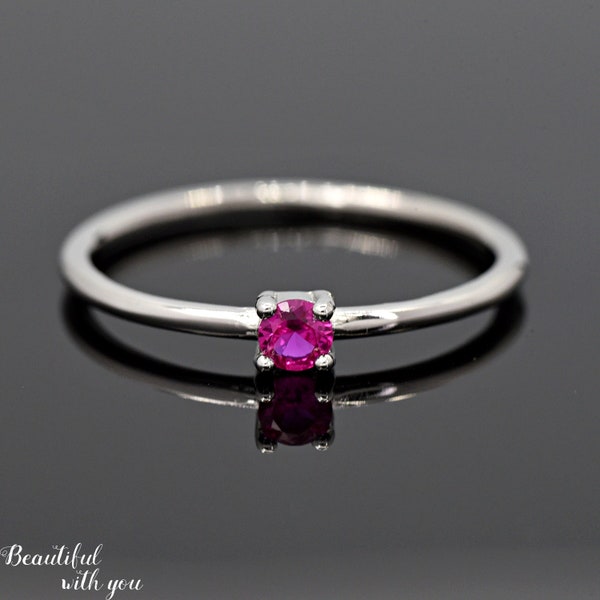 Solid 925 Sterling Silver 3mm Tiny Round Red Ruby Color CZ Solitaire July Birthstone Kids Girls Womens Simple Minimalist Ring