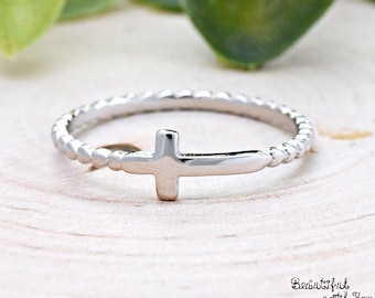 Anillo pequeño de cruz lateral de 5 mm, anillo de bola con cruz lateral de plata de ley, anillo minimalista de cruz con cuentas, anillo llamativo de cruz con burbujas