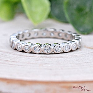 Solid 925 Sterling Silver High Polished 3mm Round Cubic Zirconia Bezel Set Eternity Band Stackable Engagement Ring