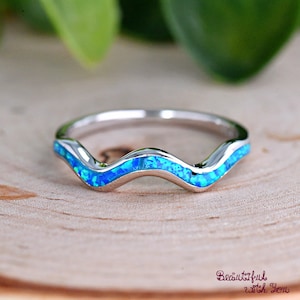 Blue Opal Inlay Wavy Thumb Ring, Solid 925 Sterling Silver Thumb Ring, Lab Created Opal Inlay Waves Curved Finger Ring, Stackable Ring Band