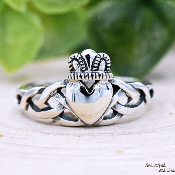 Anillo Claddagh tradicional irlandés con nudo celta, anillo Claddagh de plata de ley 925 maciza con forma de corazón para niñas y mujeres, ideas para regalos de Navidad y San Valentín.