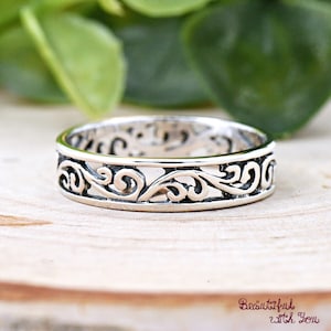 4mm Filigree Pattern Simple Silver Band, Filigree Silver Thumb Band, Filigree Midi Ring, Filigree Thumb Ring, Boho Trendy Statement Ring