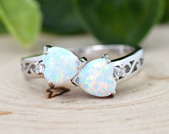 Double Heart White Opal 925 Sterling Silver Filigree Pattern Clear CZ Sides Ring, Heart Opal October Birthstone Ring, Gift for Her