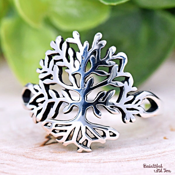 Sterling Silver Minimalist Tree of Life Ring, Irish Celtic Sacred Tree Ring, 17mm Tree Ring