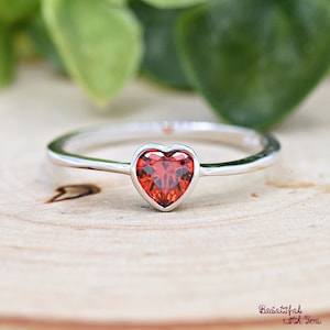 Sterling Silver Kids Girls Red Garnet Color Heart CZ Bezel Set Ring, January Birthstone CZ Colorful Ring, Children's Fashion Ring