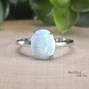 Womens Opal Ring, Oval Shaped Opal Solitaire Ring, Opal Wedding Ring, Opal Solitaire Engagement Ring, Lab Created Opal Ring Sterling Silver
