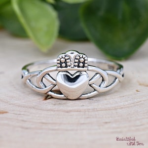 Braided Knot Sides Heart Crown Celtic Claddagh Silver Ring, Solid 925 Sterling Silver Trinity Knot Irish Claddagh Ring, Anniversary Gift