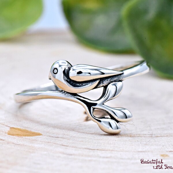 Sparrow Ring, Sparrow on Branch Ring, Bird Branch Leaves Nature Inspired Ring, 925 Sterling Silver Sparrow Ring Band, Womens Bird Ring