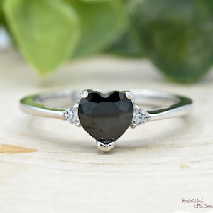 Simulated Heart Onyx Black CZ Ring, Girls Womens Black Stone Ring, Solid 925 Sterling Silver Heart Ring, Black CZ Silver Ring, Onyx CZ