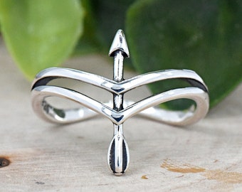 Sterling Silver Arrow Bow Thumb Ring, Solid 925 Sterling Silver Bow Wavy Back Ring, Women's Promise Ring, Bow Archery Ring, Bow & Arrow