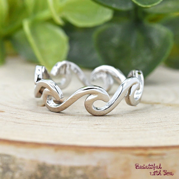Anillo de eternidad con olas, plata de ley 925 maciza, diseño de olas oceánicas, joyería playera de verano, anillo con olas náuticas altas y bajas.