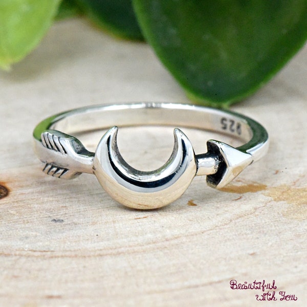 Crescent Moon Arrow Ring, Sterling Silver Ring, Masculine and Feminine Symbol, Lunar Arrow Ring