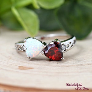 Double Heart White Opal and Red CZ Sterling Silver Filigree Pattern Sides Ring, Opal and January Birthstone Heart Ring, Gift for Her