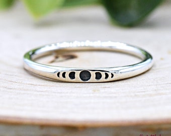 925 Sterling Silver 2mm Flat Top Signet Style Phases of the Moon Engraved Ring, Unique Moon Phase Ring Silver, Lunar Jewelry