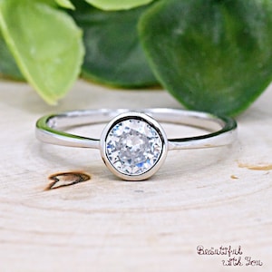 6mm Round CZ Bezel Set Sterling Silver Minimalist Ring, Simple Wedding Ring, Silver CZ Ring, Promise Ring for Her, Anniversary Ring