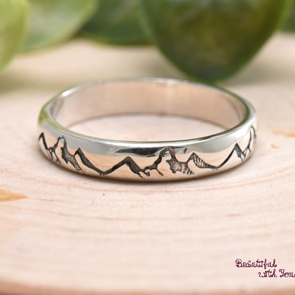 Mountain Engraved Unique 3mm Solid 925 Sterling Silver Band Wedding Ring Hikers High and Low Mountain Range Trendy Rings Womens Gift