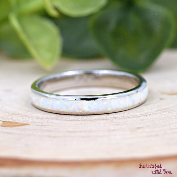 Opal Eternity Ring | 925 Sterling Silver White Opal Stackable Band | Unique Rings for Women | 3mm Eternity White Opal Band | Opal Thumb Ring