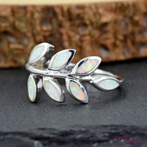 White Opal Inlay Fern Leaves Silver Ring, Solid 925 Sterling Silver Sideways Leaf Branch Ring, Womens Opal Silver Ring