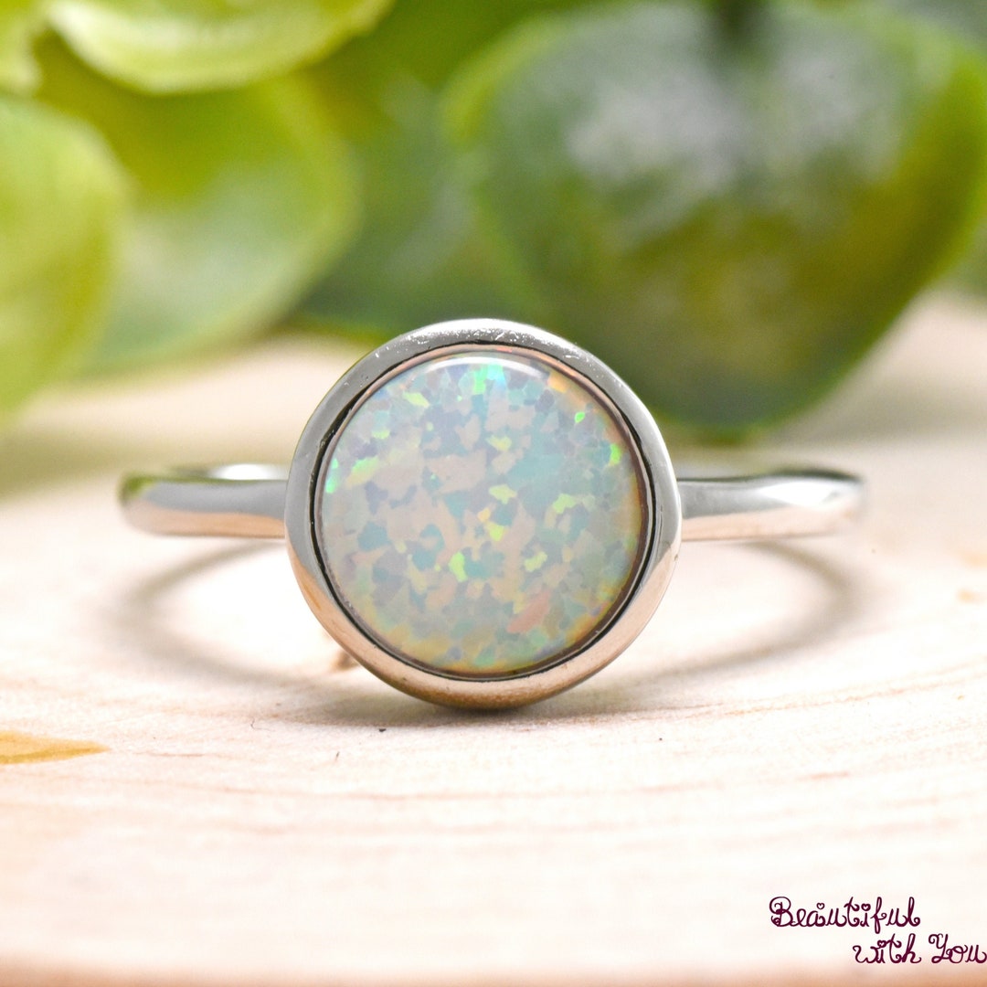 Opal Ring, Womens Round Lab Created Opal Bezel Set Wedding