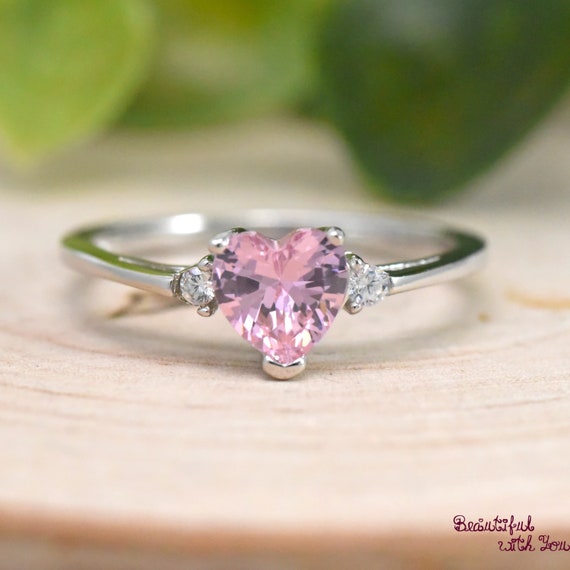 October Birthstone Ring, Simulated Heart Pink Cubic Zirconia