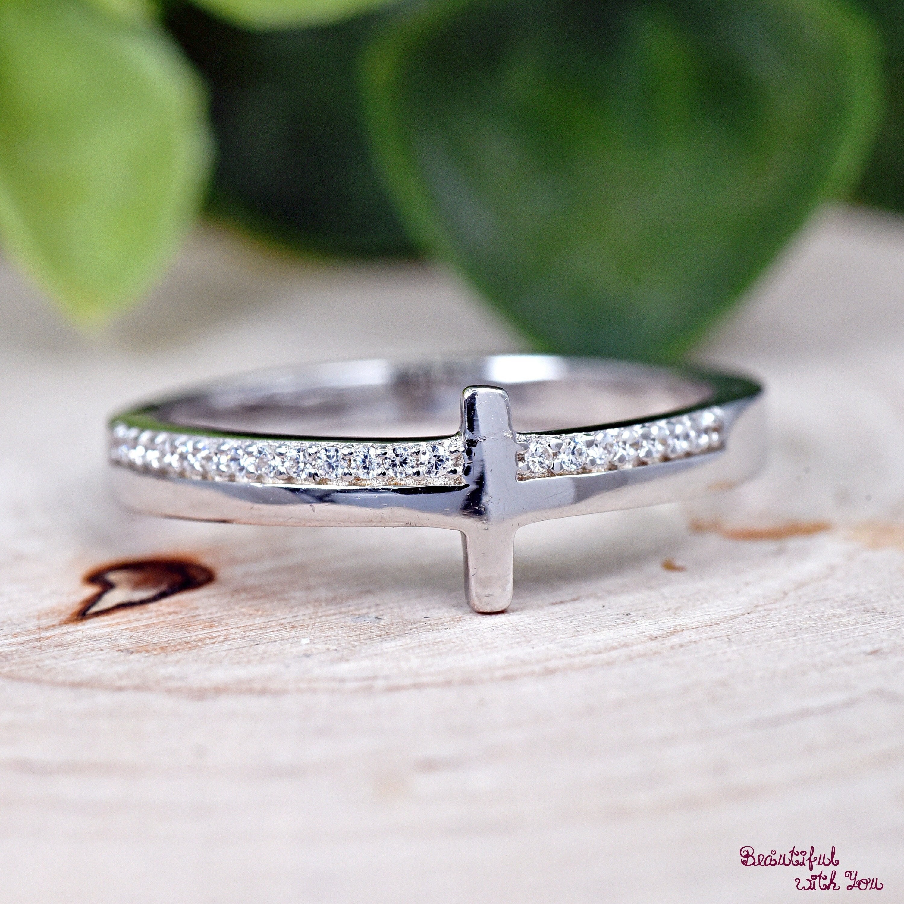 Sideways Cross Ring CZ Sterling Silver Cross Ring Christians