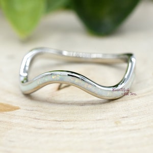 Wavy Thumb Ring, Solid 925 Sterling Silver Thumb Ring with Opal Inlay, Lab Created Opal Inlay Wavy Curved Finger Ring, Stackable Ring Band