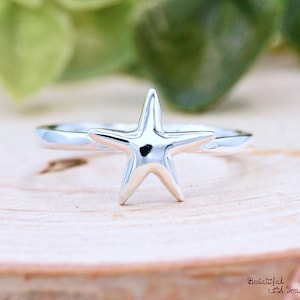 Simple Starfish Solitaire Ring Silver, 925 Sterling Silver Starfish Ring, Ocean Theme Girls Womens Starfish Ring Band, Summer Jewelry