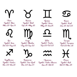 Puede incluir: Una ilustraci&oacute;n gr&aacute;fica en blanco y negro de los 12 signos del zod&iacute;aco con sus s&iacute;mbolos y fechas correspondientes. Los signos est&aacute;n dispuestos en una cuadr&iacute;cula de cuatro filas y tres columnas. Los signos son Aries, Tauro, G&eacute;minis, C&aacute;ncer, Leo, Virgo, Libra, Escorpio, Sagitario, Capricornio, Acuario y Piscis.