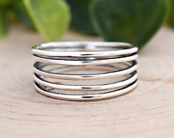Five Lines Multi Layered Ring, Solid 925 Sterling Silver Five Stripe Ring, Womens Fashion Boho Ring, Women's Gift