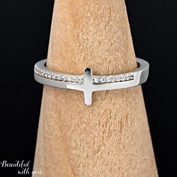 Solid 925 Sterling Silver Sideways Cross with Clear Cubic Zirconia Under Set Christians Symbol Ring