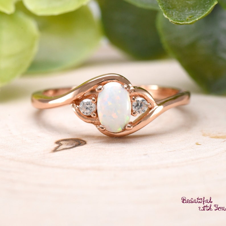 Rose Gold Plated Womens Wedding Ring Unique Opal Ring Opal Ring Rose Gold Womens Opal Ring Bypass Womens Wedding Band Opal Gift Ideas