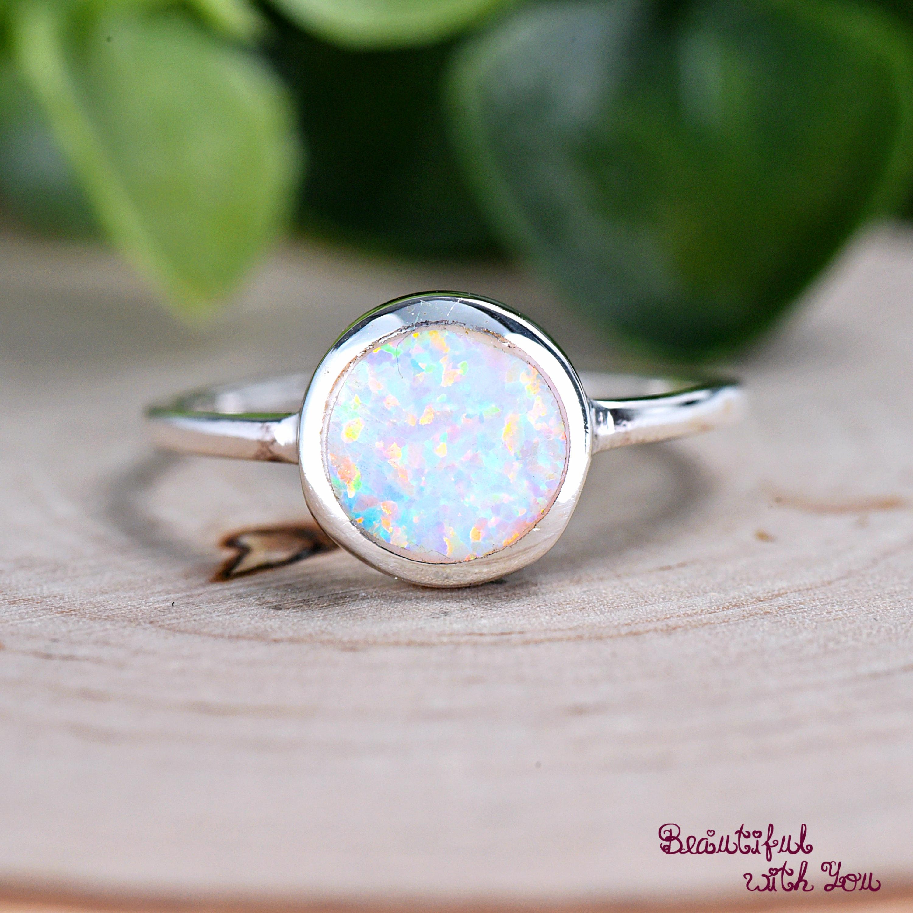 Round Opal Bezel Set Solitaire Wedding Ring, Sterling Silver Opal Ring, Minimalist Opal Ring, Women's Silver Opal Ring, 8mm Round Opal Ring