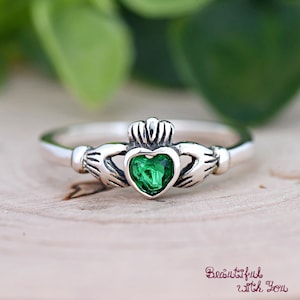 Dainty Kids Girls Celtic Claddagh Sterling Silver Ring, May Birthstone Emerald Heart Bezel Set Green CZ Claddagh Ring, Birthday Gift