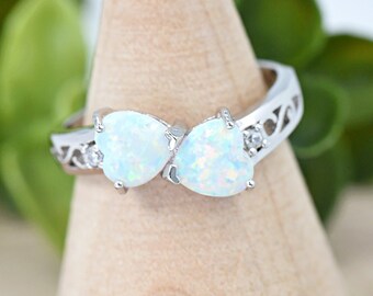 Double Heart White Opal 925 Sterling Silver Filigree Pattern