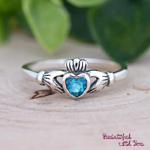 Dainty Kids Girls Celtic Claddagh Sterling Silver Ring, December Birthstone Blue Topaz Heart CZ Bezel Set Ring, Birthday Gift