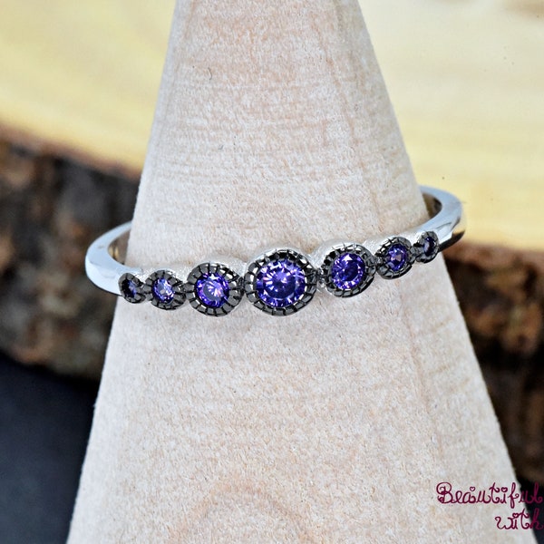 Solid 925 Sterling Silver Seven Purple Amethyst Color CZ Bezel Set Black Rhodium February Birthstone Ring