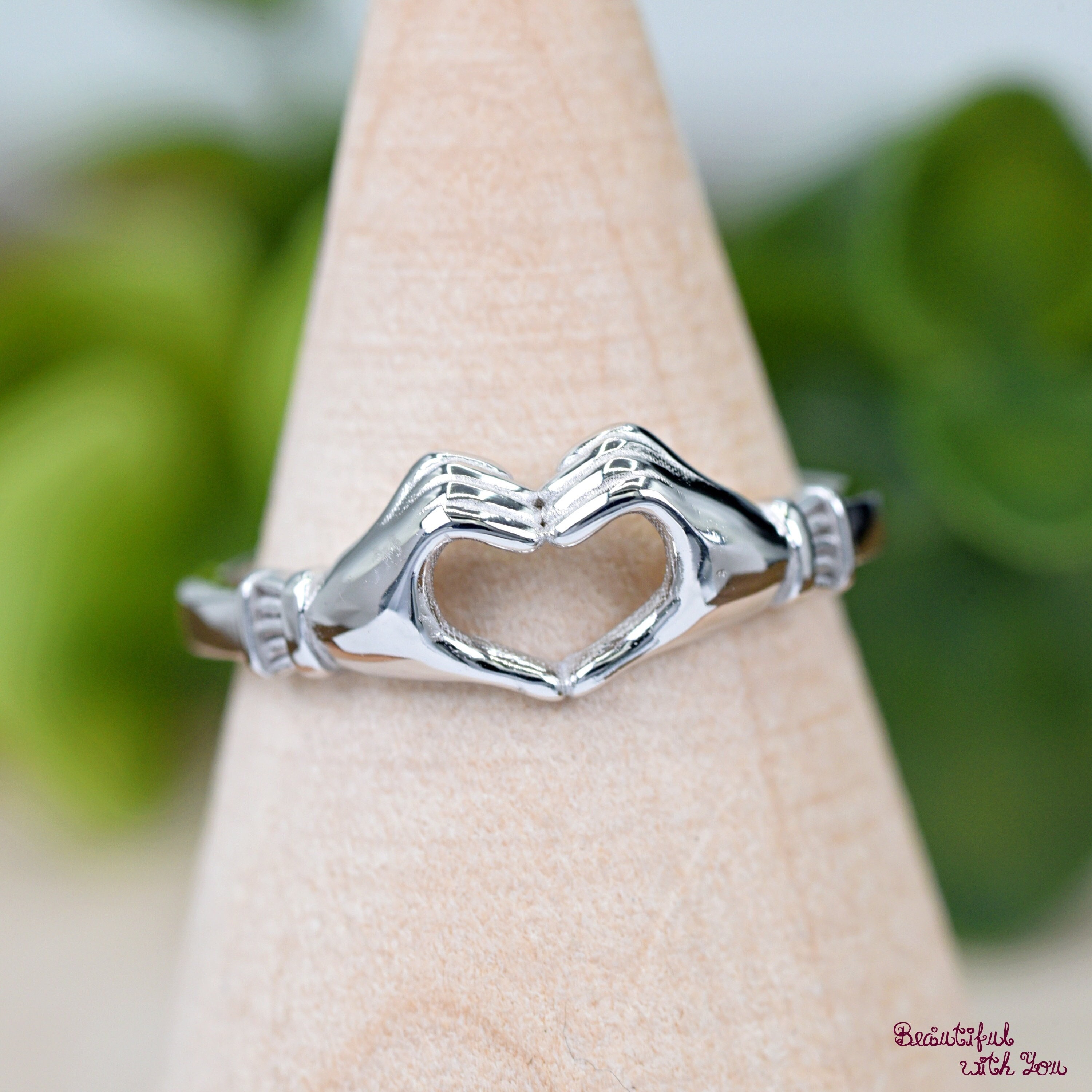 Minimalist Sterling Silver Hand Heart Ring, Heart Promise Ring